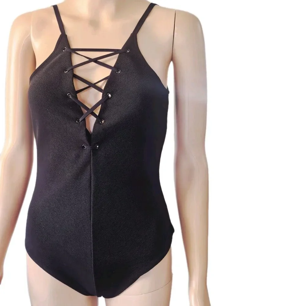 Express Black Lace Up Front Bodysuit Top Small - Picture 4 of 8